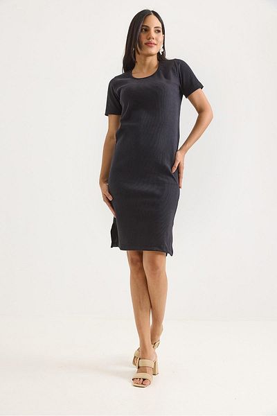 Raneel Kazançlı Alışveriş Short Sleeve Crew Neck Midi Dress with Slit Detail Black