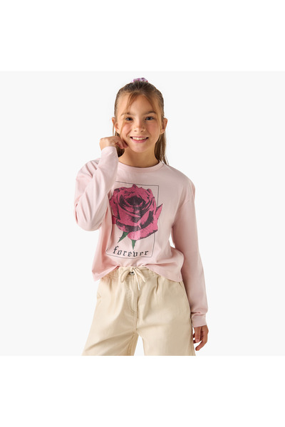 Juniors Rose Print Crew Neck T-shirt with Long Sleeves