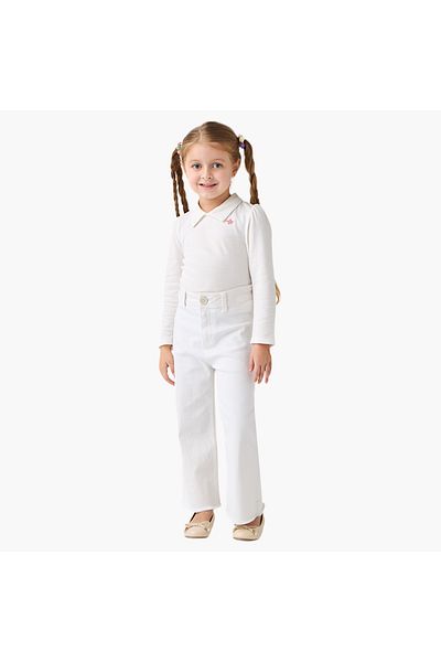 Juniors Floral Embroidered T-shirt with Collar and Long Sleeves