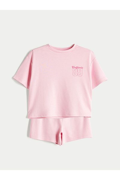 LC Waikiki Pink Crew Neck California Printed Girls' T-Shirt and Shorts