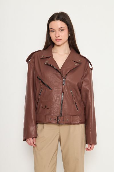 By Marki Marki Women's Genuine Jumbo Leather Jacket – Biker Style, Belted, Oversize, Epaulettes, 65 Cm, Brown - 116622X