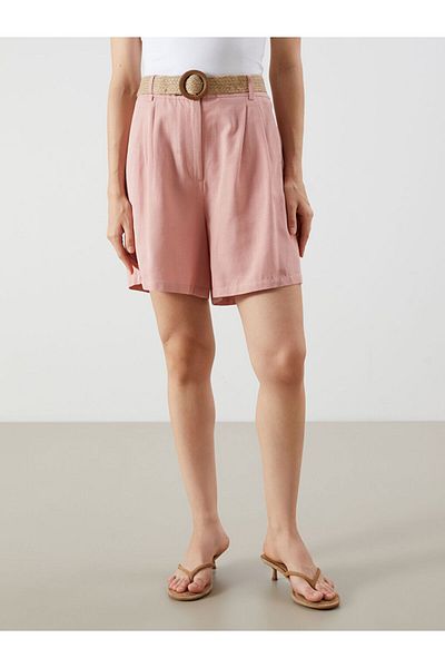 LC Waikiki Dirty Pink Women's Shorts with Waist Belt and Linen Blend