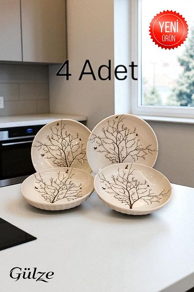 GÜLZE HOME 4 Pieces Tree of Life Motifed Porcelain Snack Bowl-Present Bowl-Turkish Delight Bowl-Breakfast Bowl-Treats (13 cm Diameter)