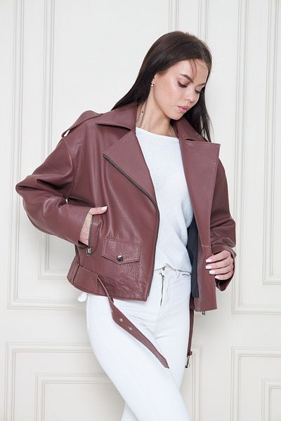By Marki Marki Women's Genuine Jumbo Leather Jacket – Biker Style, Belted, Oversize, Epaulettes, 62 Cm, Brown - 117822