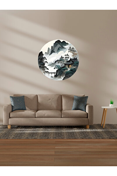 aiki Haki Yeşil Ve Beyaz Tonlarda, Japon Evi, Dağ Ve Bulutlar Temalı , Cam, D...