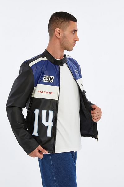 CHOS7N Ανδρικό δερμάτινο μπουφάν με ριγέ στάμπα Oversize Δεσμός γιακάς Bomber Biker Coat Racer Jacket