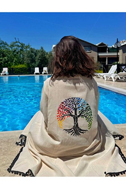 Satori Design Hayat Ağacı Temalı El Boyama Müslin Kimono Plaj Elbisesi Pareo