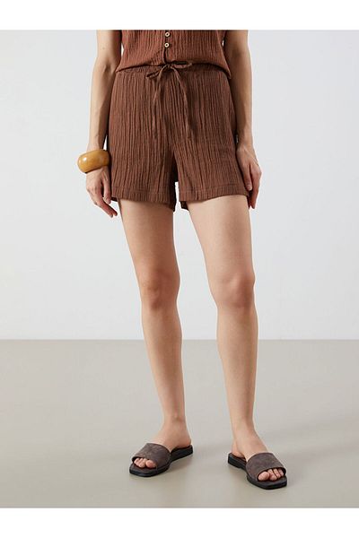 LC Waikiki Pink Textured Muslin Women's Shorts with Elastic Waist
