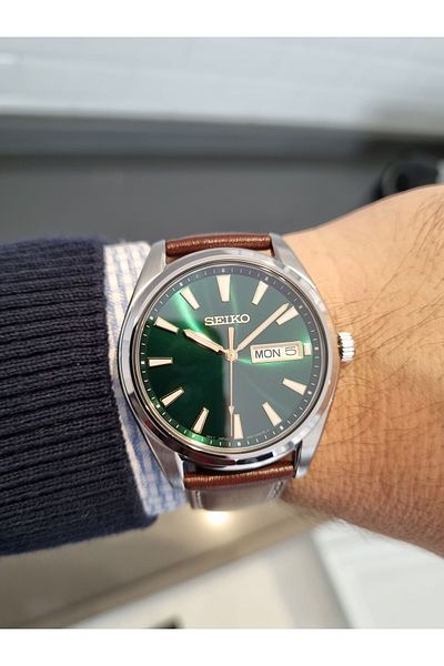 Seiko Coffee Leather Strap Sapphire Glass Green Dial 10 Atm Waterproof Men Wristwatch