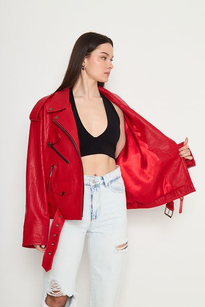 By Marki Marki Women's Genuine Jumbo Leather Jacket – Biker Style, Belted, Oversized, Epaulettes, 65 Cm, Red - 116622X