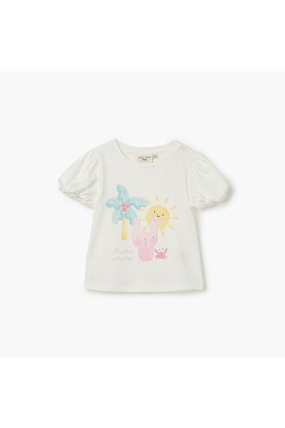 Juniors Graphic Print Crew Neck T-shirt with Puff Sleeves