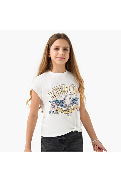 Juniors Graphic Print T-shirt with Short Sleeves and Knot Detail