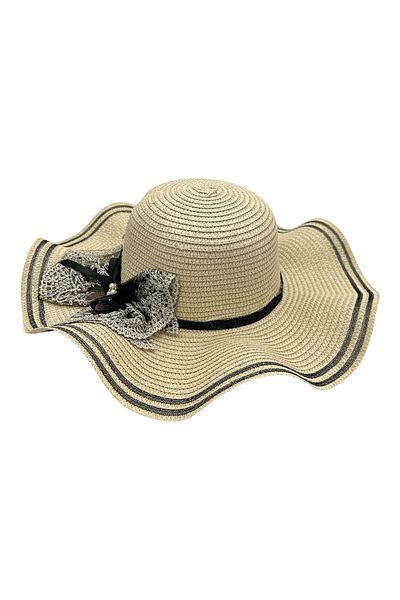 BaoBao Women's hat with wide wavy brim and lace bow - elegant style for summer