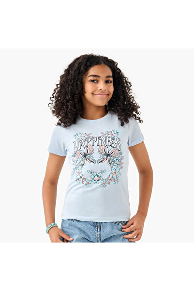 Juniors Graphic Print Crew Neck T-shirt with Short Sleeves