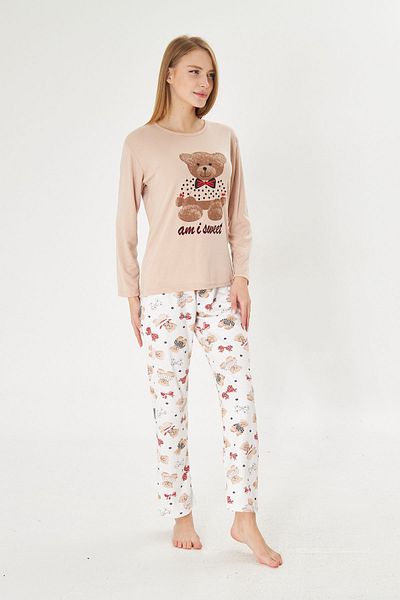 Pajama Shop Women's 100% Cotton Fabric Milk Coffee Teddy Bear Patterned Crew Neck Long Sleeve Pajama Set