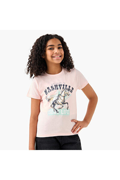 Juniors Graphic Print Crew Neck T-shirt with Short Sleeves