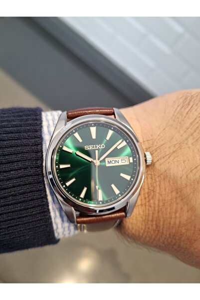 Seiko Coffee Leather Strap Sapphire Glass Green Dial 10 Atm Waterproof Men Wristwatch