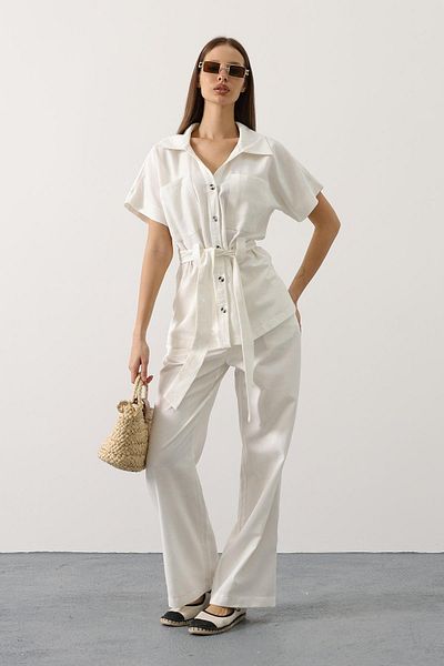 Le Savu Shilsee Women's Belted Pocket Detailled Tunic Pants Suit White