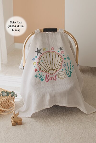 Lilabio %100 Pamuk İsme Özel Çift Katlı Müslin Puset Örtüsü - Deniz Kabuğu