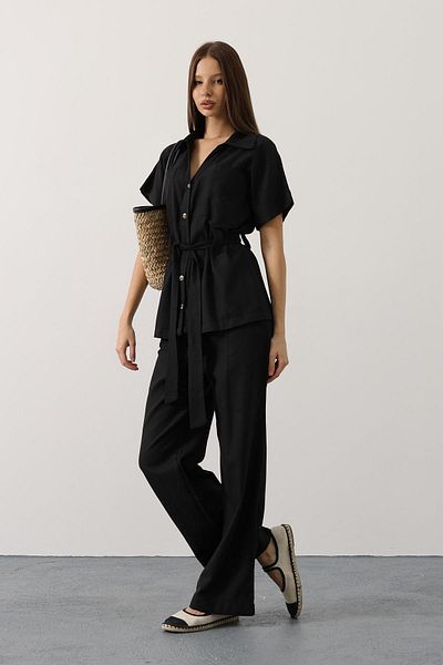 Le Savu Shilsee Women's Belted Pocket Detailled Tunic Pants Set Black