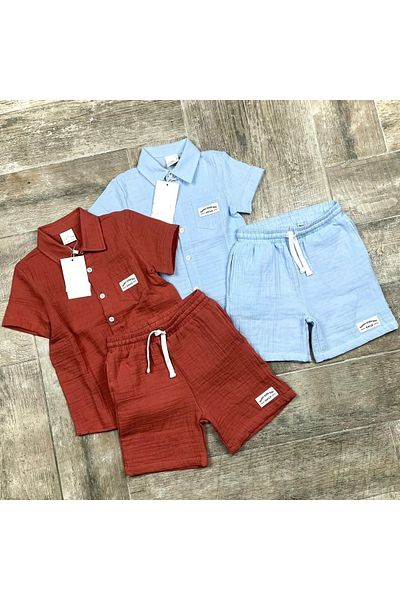 gnygiyim Boy's Summer Shirt Shorts Set Muslin Fabric