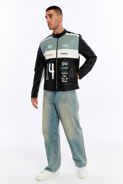 CHOS7N Men's Oversize Striped Printed Leather Jacket Judge Collar Bomber Biker Coat Racer Jacket