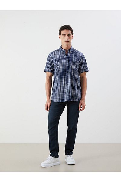 LC Waikiki Navy Blue Regular Fit Short Sleeve Plaid Poplin Men's Shirt