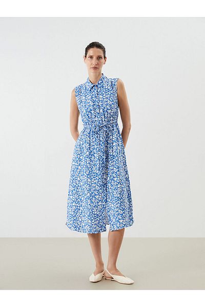 LC Waikiki Blue Floral Gathered Shirt Dress