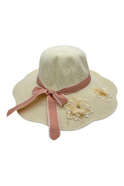 BaoBao Women's summer hat with wavy brim, bow and applied flowers - delicate design