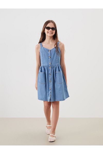 LC Waikiki Indigo Square Collar Girl's Jean Dress