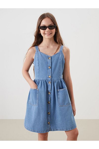 LC Waikiki Indigo Square Collar Girl's Jean Dress
