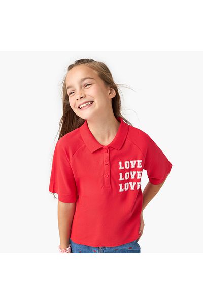 Juniors Typographic Print Polo T-shirt with Short Sleeves