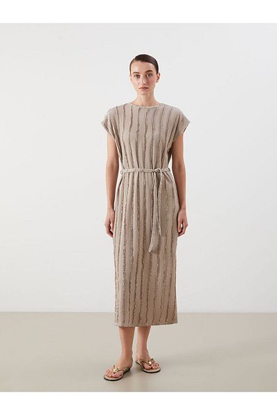 LC Waikiki Beige Crew Neck Textured Dress