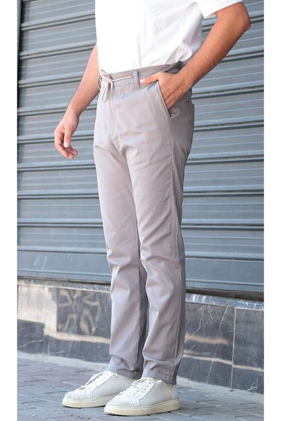 Osyday Men's Gray Summer Thin Fabric Slim Fit Trousers with Elastic Waist, Laces and Buttons, Zipper, Yancepli