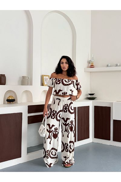 NEVVARE Women's Patterned Crop Wide Leg Pants Bottom Top Suit
