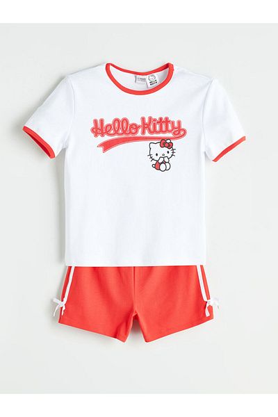 LC Waikiki White Crew Neck Hello Kitty Printed Girls' T-Shirt and Shorts
