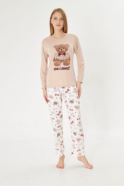 Pajama Shop Women's 100% Cotton Fabric Milk Coffee Teddy Bear Patterned Crew Neck Long Sleeve Pajama Set