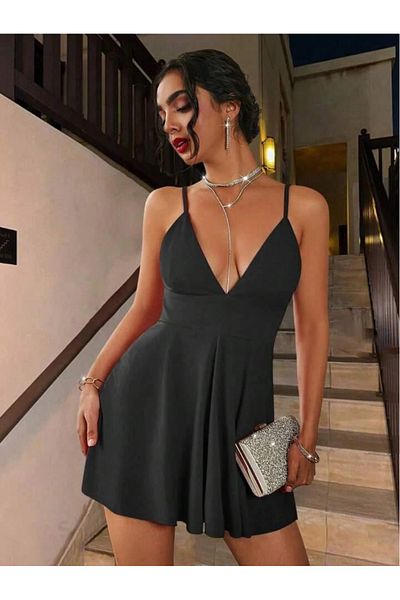 nightblack Special Design Rope Strap Back Low-cut Mini Dress