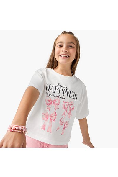 Juniors Graphic Print Boxy T-shirt with Short Sleeves