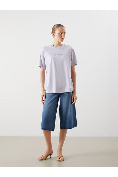 LC Waikiki Lilac Crew Neck Printed Oversize Women's T-Shirt