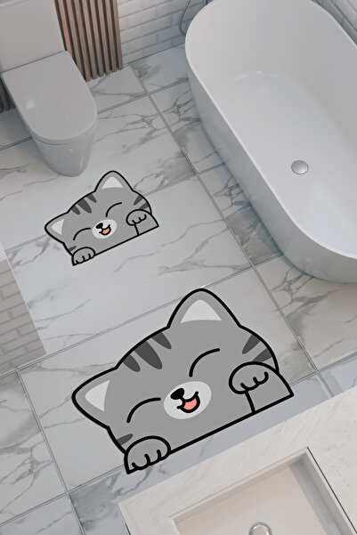 THEMODERNHANE سجادة حمام صديقة للبيئة منقوشة على شكل قطة، قاعدة مضادة للانزلا...