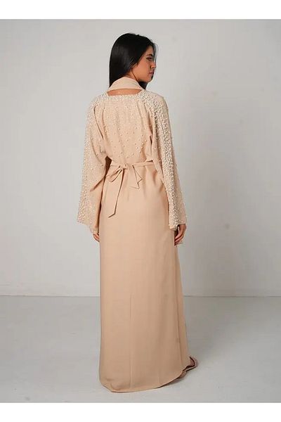Jameela Cream Pearl Embellishment Open Abaya 3 pieces Set