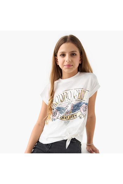 Juniors Graphic Print T-shirt with Short Sleeves and Knot Detail