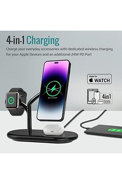 Promate MagSafe Charging Station with 5W Magnetic MFi Apple Watch Charger, 15W Charging Stand, 24W U