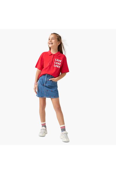 Juniors Typographic Print Polo T-shirt with Short Sleeves