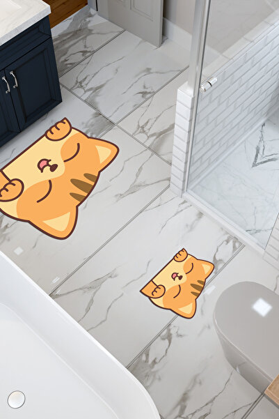 THEMODERNHANE Επιτραπέζιο χαλάκι μπάνιου με σχέδιο γάτας, αντιολισθητική βάση, πλένεται στο πλυντήριο, ψηφιακή εκτύπωση, σετ 2 τεμαχίων