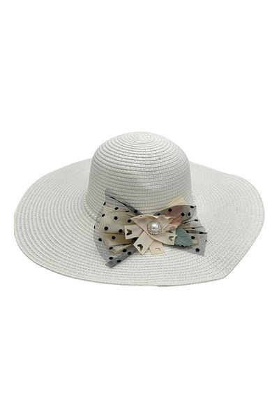 BaoBao Women's summer hat with wide brim, decorative bow and pearls - elegant and refined style