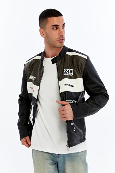 CHOS7N Ανδρικό δερμάτινο μπουφάν με ριγέ στάμπα Oversize Δεσμός γιακάς Bomber Biker Coat Racer Jacket