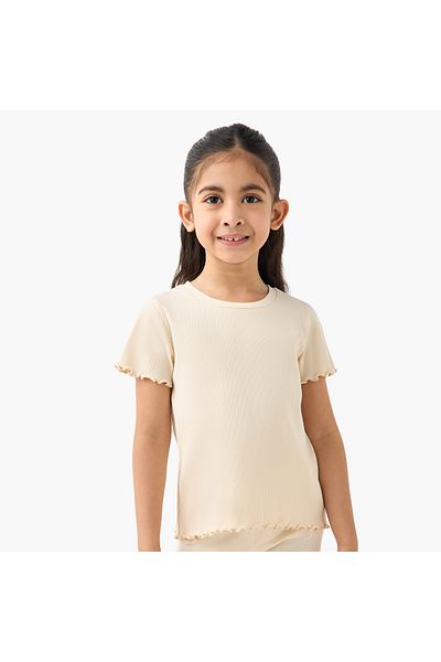 Juniors Ribbed Crew Neck T-shirt with Short Sleeves and Lettuce Hem