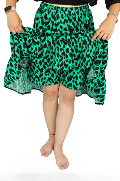 MAKSEN TEKSTİL FUSTA SCURTĂ DE FEMEI DE LUNGIME MIDI DINȚEȚE DE VISCOSĂ LEOPARD VERDE